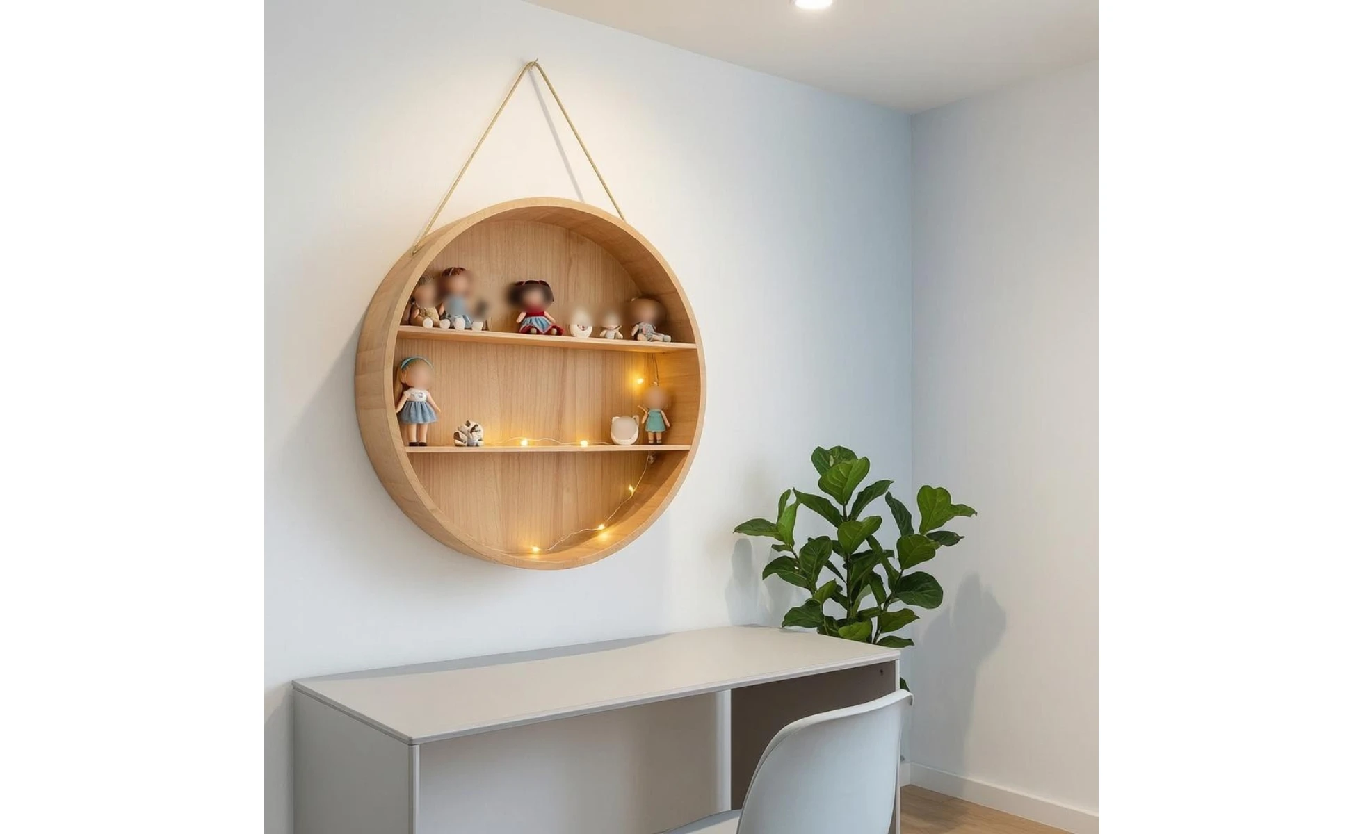 Angle view of round timber wall shelf with natural finish