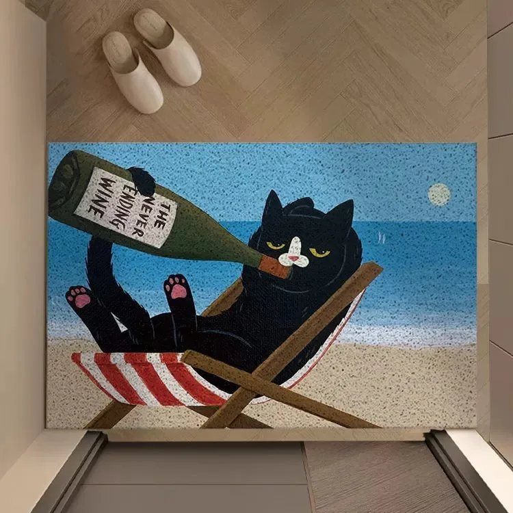 Funny Cat Seaside Holiday Doormat PVC Silk Loop Entrance Mat Heavy Duty Scraper Cute Pet Floor Rug for Front Door Porch Entry