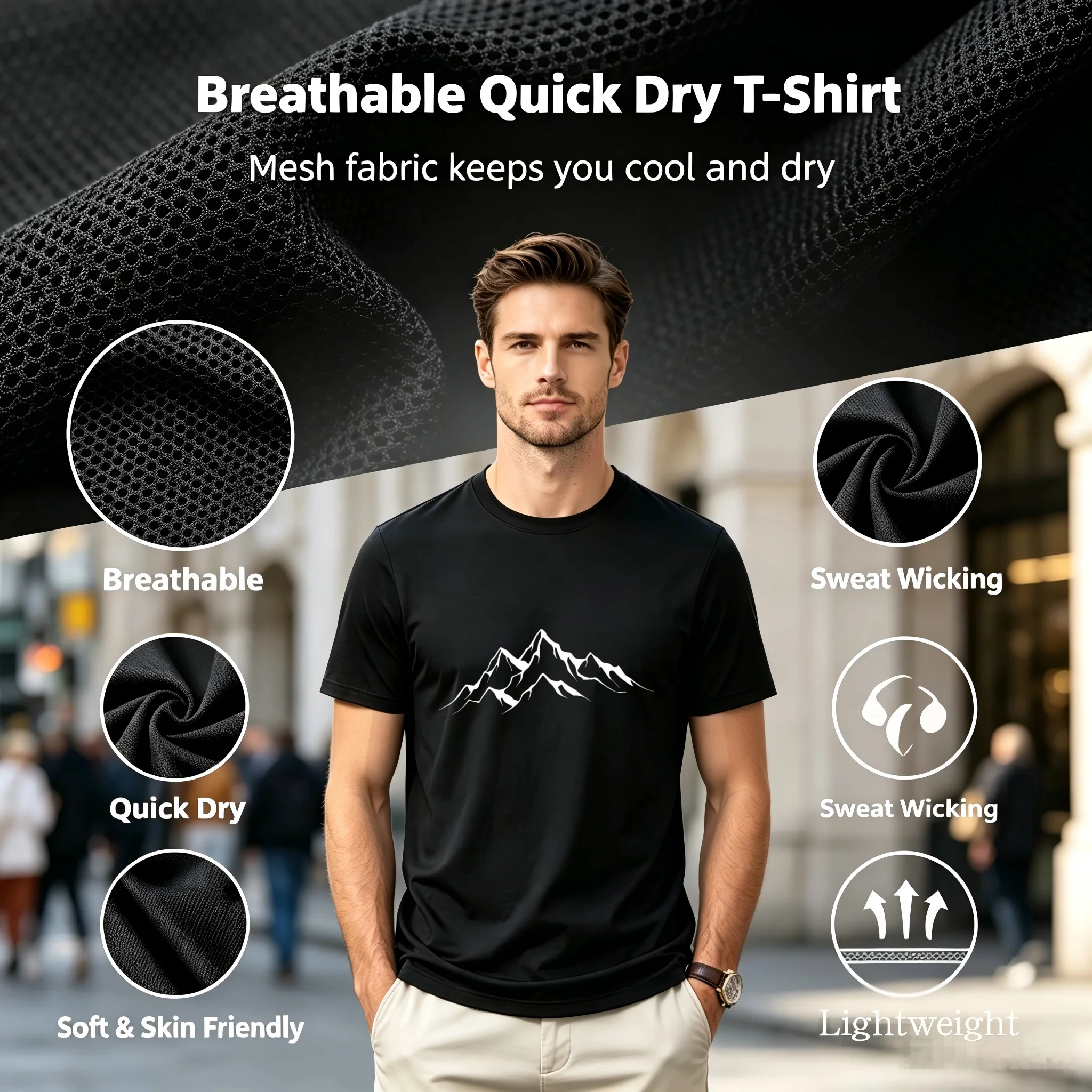T-shirt respirant à séchage rapide pour homme, imprimé montagne, manches courtes, mode polyvalente, décontracté, streetwear