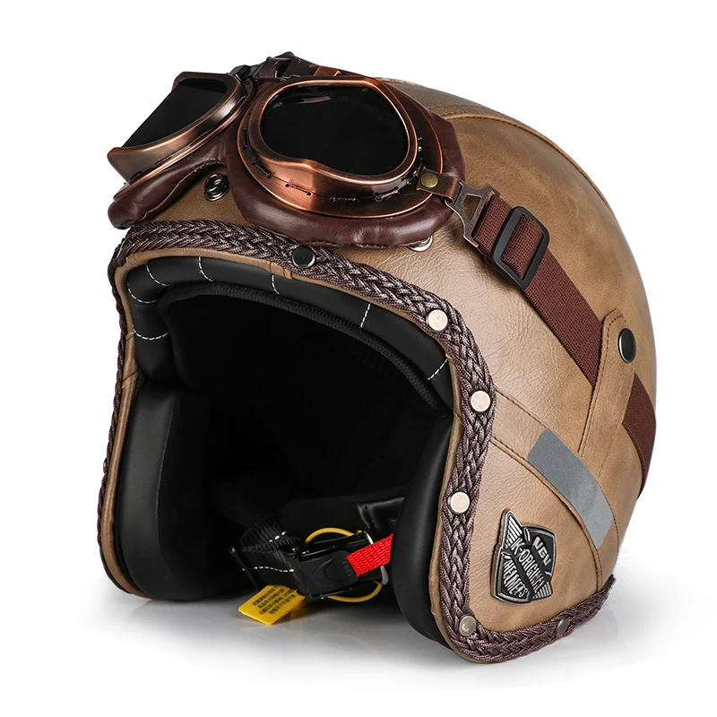 Retro Motorcycle Helmet Removable ​Cruiser mask 3/4 Helmet open face men women breathable PU leather protection All seasons