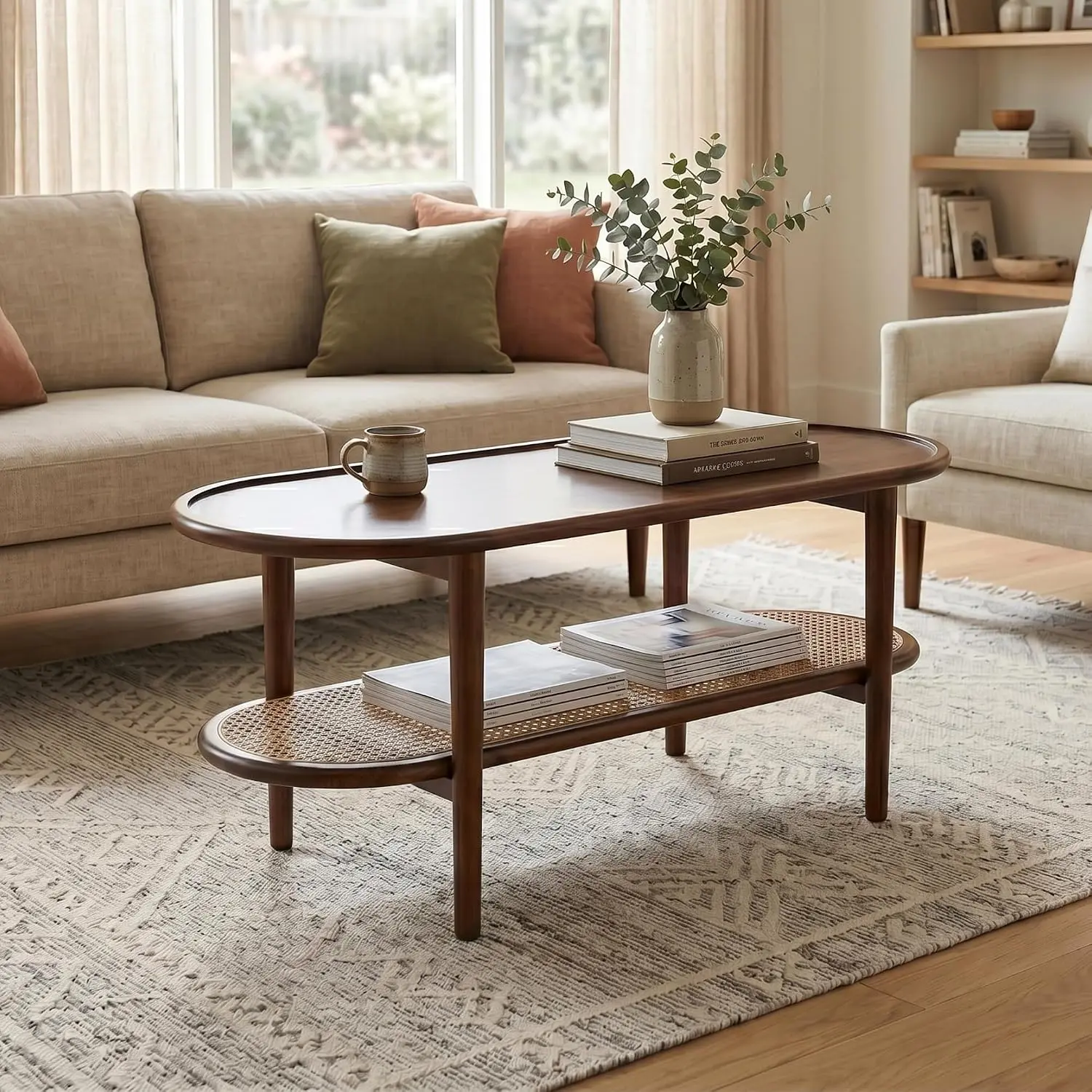 Walnut Rattan Coffee Table, 39.5