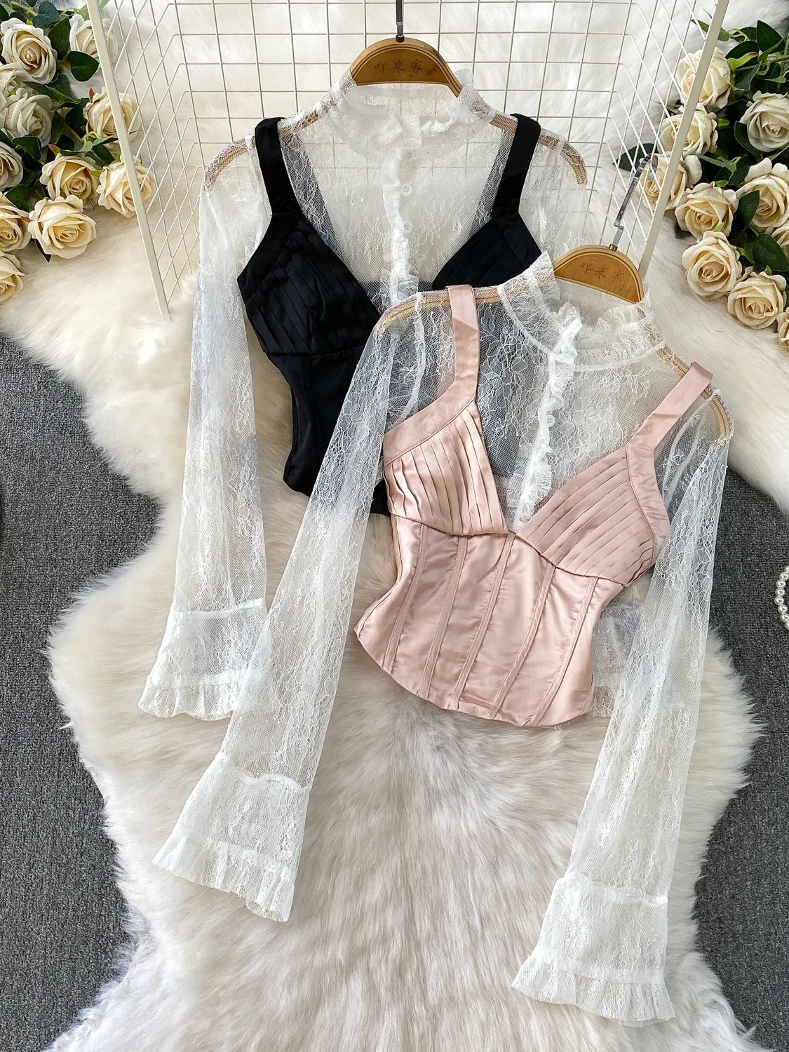 

Сексуальный кружевной топ Bell Sve Base irt + шелковый волокнистый ремень для похудения, комплект из двух предметов, футболка с высокой талией, повседневная летняя мода