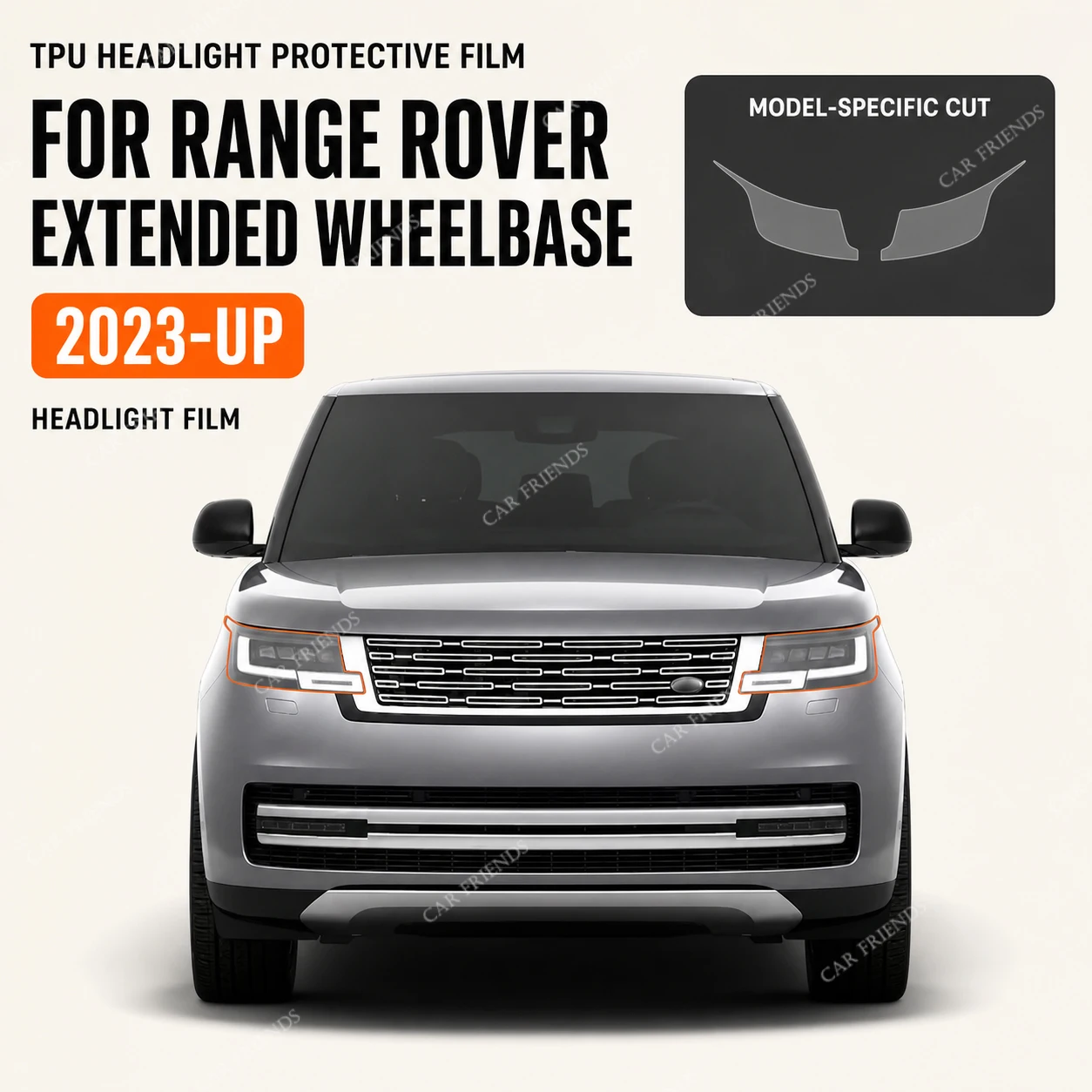 2x Custom Fit TPU Headlight Protective Film for Range Rover Extended Wheelbase 2023-Up Clear