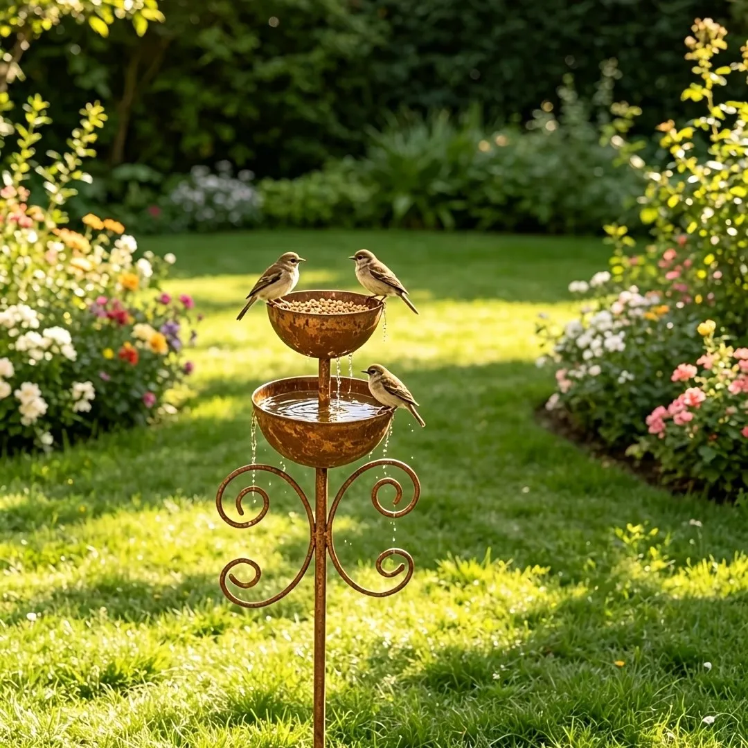Antique distressed iron bird feeder stake, double-tier basin design, with water flow. Attracts birds to stop and play.