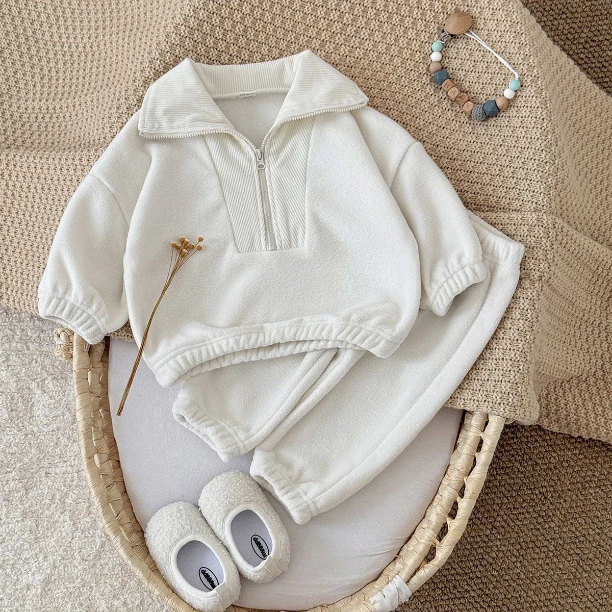 Kleinkind Baby Herbst Winter Plus Samt Verdicktes Set Lammwolle Reißverschluss Langarm-Hosen Sportliches Set Babykleidung für Neugeborene