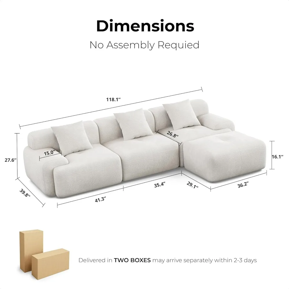 118 inch L-shaped modular living room sofa, oversized modern 3-seater deep seated sofa, movable Ottoman style,Corduroy, beige