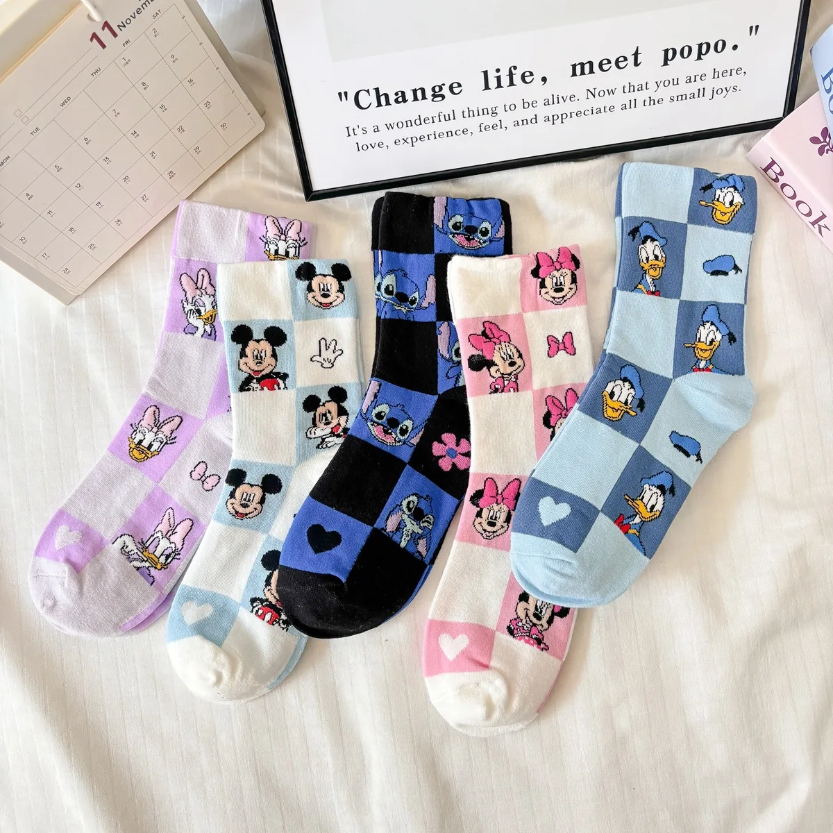 

1/3/5Pairs Miniso for Disney Adult Socks Spring Summer Combed Cotton Kuromi Women's Warm Mid-calf Socks Average Size 18-40 Years