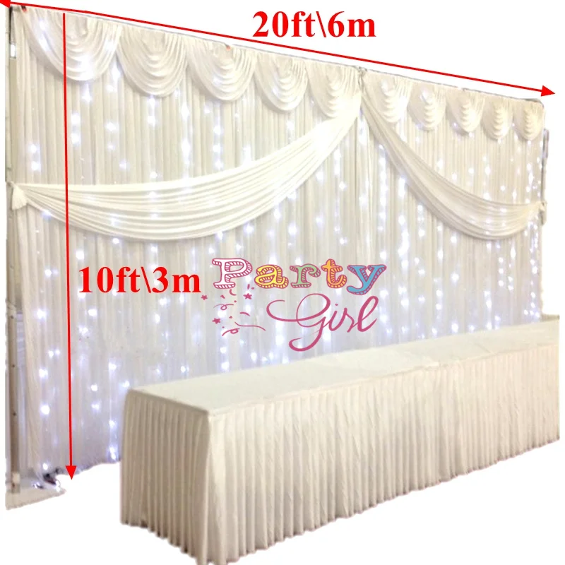 

20FT Ice Silk Backdrop Curtain With LED Light Wedding Stage Background Photo Booth Include Top Swag Drape Event Party Decoration