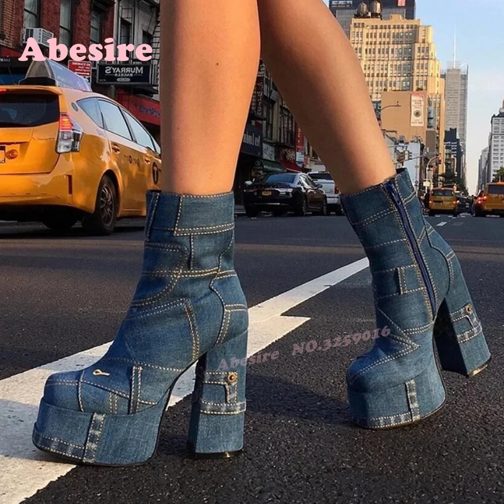

Синие джинсовые ботильоны в стиле пэчворк, женские короткие ботильоны на платформе с круглым носком и массивным каблуком, повседневная обувь с боковой молнией