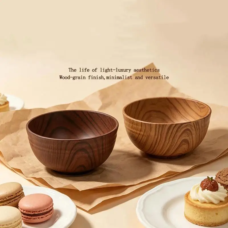 Hot Sale Wood Grain Plastic Soup Bowl High Value Thickened Heat Insulation Household Noodle Salad Dining Bowl