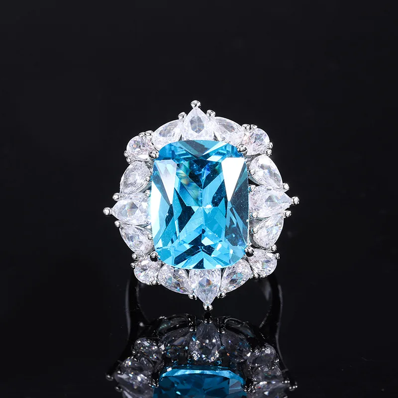 European and American vintage topaz blue pendant ring, hand-set with diamonds, women's wholesale, main stone 12*16