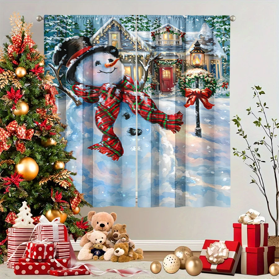 2PCS Christmas Winter Curtains, Watercolor Snowman Hat Scarf Cottage Lamp Wreath, Digital Print, Bedroom Living Room, Home Decor