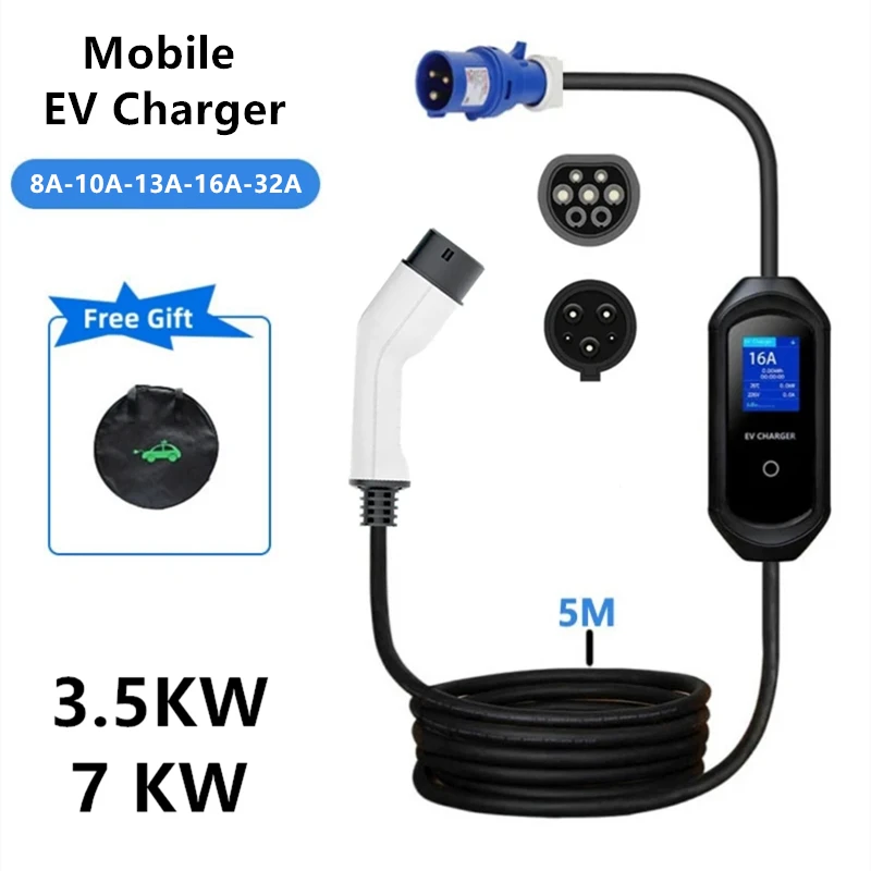 

Portable EV Charger Type2 7KW 32A EVSE Charging Cable Controller Wallbox IEC62196-2 J1772 Type 1 for Electric Car