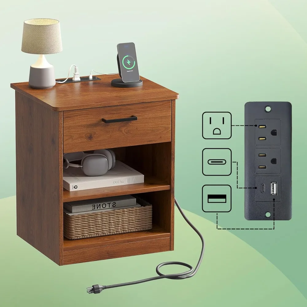 Everyday Side Table with Fast Charging Station - USB C Cable Fast Charging, Wooden Brown Nightstand Bedside Table with Drawer, E