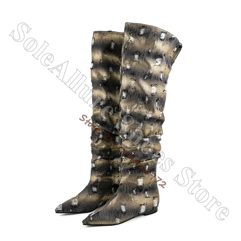 Distressed Tie Dye Denim Knee High Boots Pointed Toe Flat Heel Ripped Holes Slouchy Wrinkle Shaft Y2K Retro Street Boots