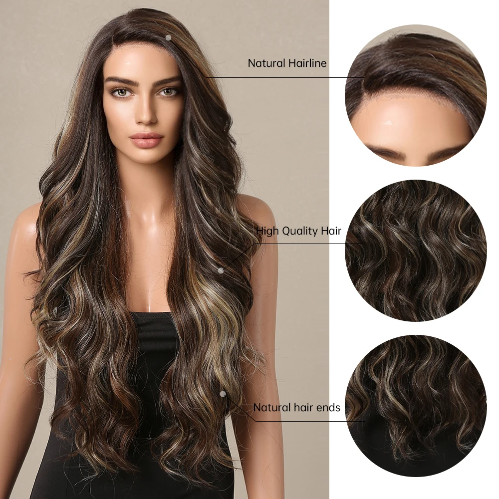 ALAN EATON Mixed Brown Highlight Lace Front Wig Side Parting Synthetic Hair Natural Brown Wave Wigs for Women High Temperature