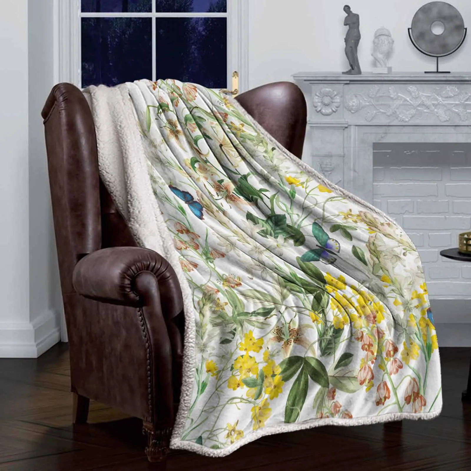 Plant Flowers Leaves Butterfly Cashmere Blanket Warm Winter Soft Throw Blankets for Beds Sofa Wool Blanket Bedspread