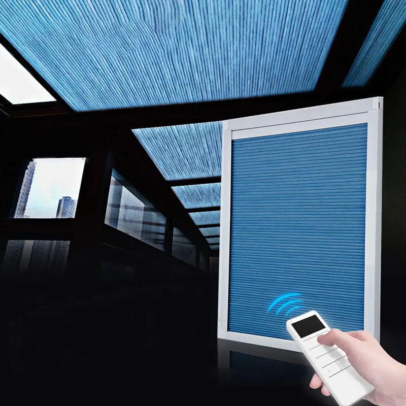 

Customized Shades UV-blocking Keep Warm Resistant Cold Remote Control Motorized Skylight Honeycomb Blinds For Roof Windows