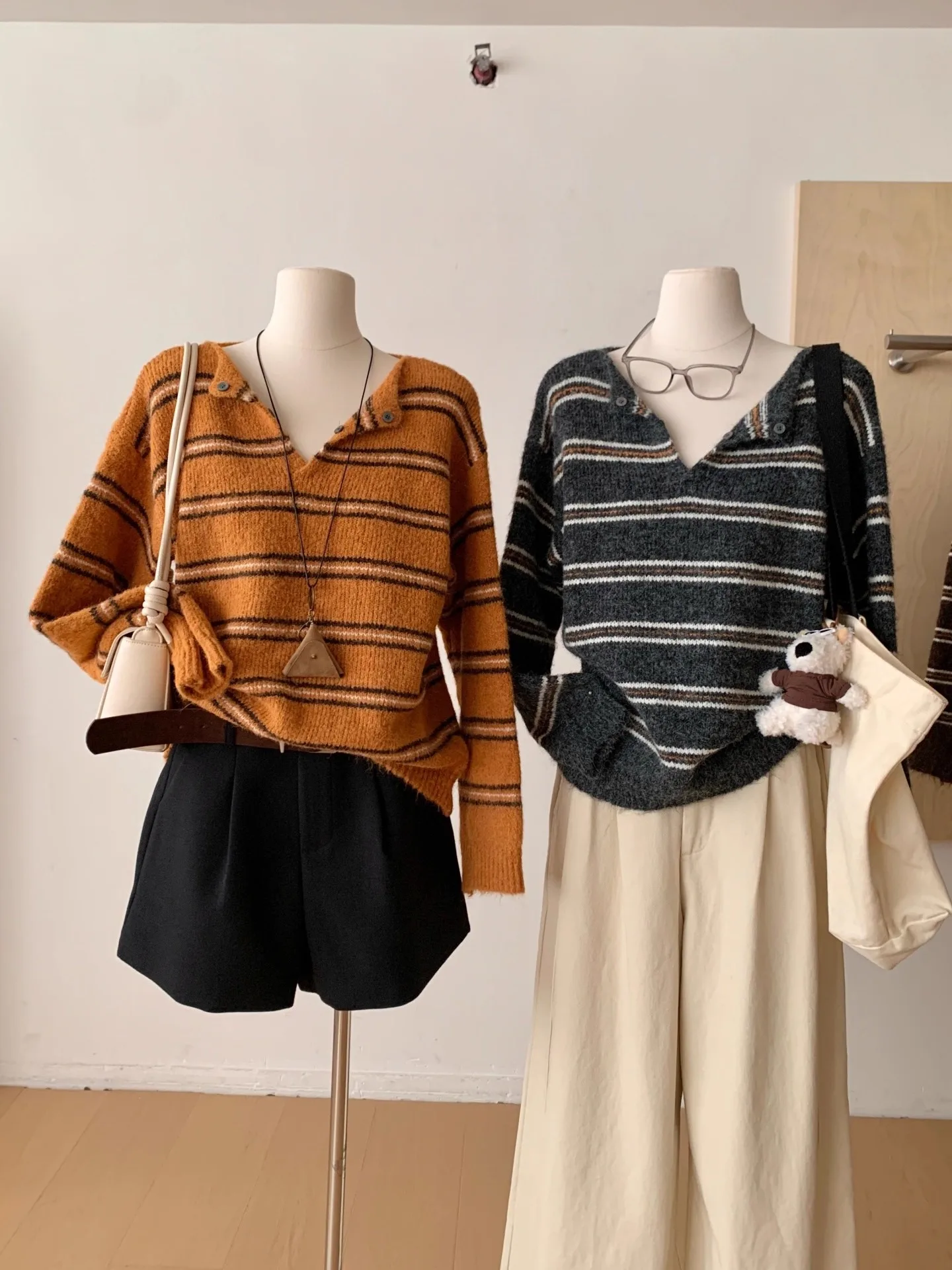 

Ladies' V-ne Knitted Sweater Loose Long Sve Ne Design Slimming Striped Autumn Winter Faion Casual Comfortable Top