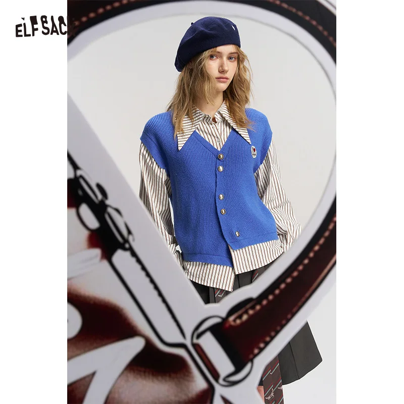 ELFSACK Women 2‑Piece Outfit Set, V‑Neck Asymmetric Button Knit Vest Sleeveless Cardigan + Striped Lapel Long Sleeve Shirt