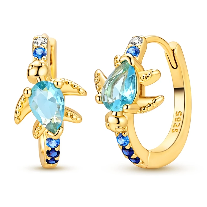 Blue Crystal Sea Turtle Hoop Earrings 925 Silver Multi Shade Zircon Huggie Hoops Beach Tropical Stackable Earrings Jewelry Gift