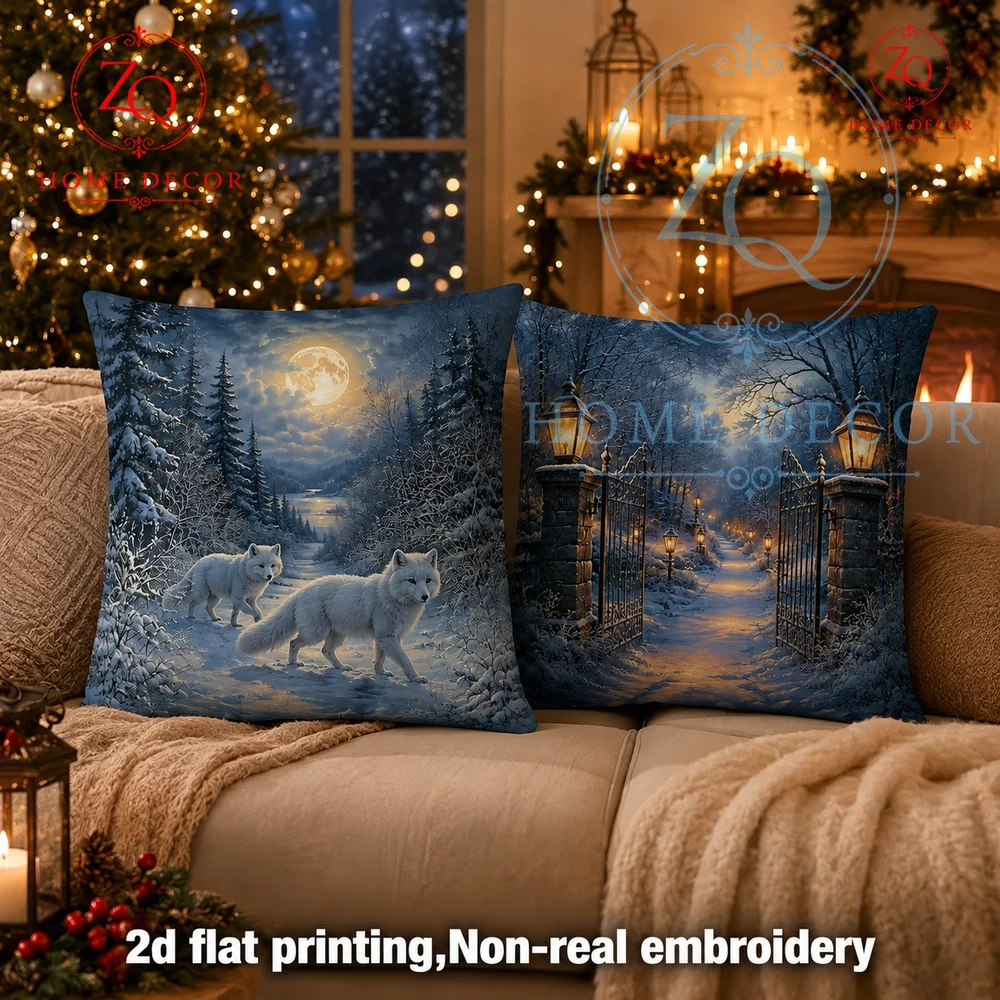 Winter Wonderland White Wolf Throw Pillow Cover Cozy Snowy Night Forest Cushion Case for Christmas Sofa Bedroom Decor