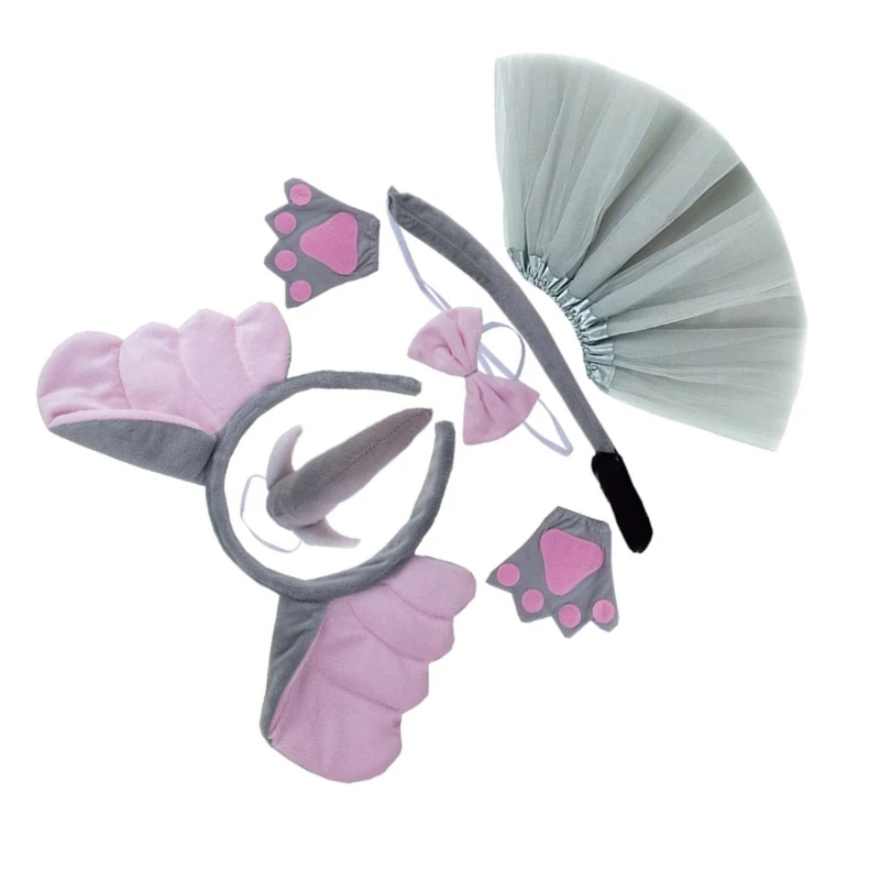 Kids Animal Costume Elephant Ear Headbands Bowtie Tail Nose Glove 4/5/6