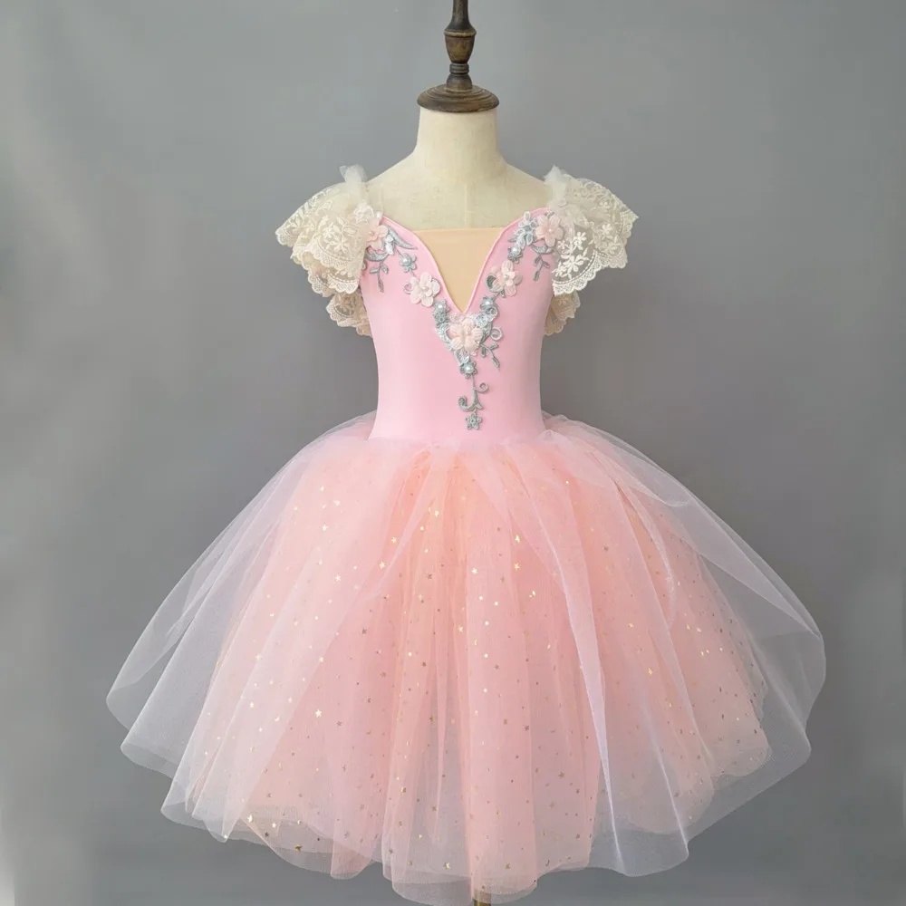 

Pink lace Pearl Ballerina giselle ballet dress professional romantic Tutu Tulle Long Skirt costume Adults Child Girls Kids Women