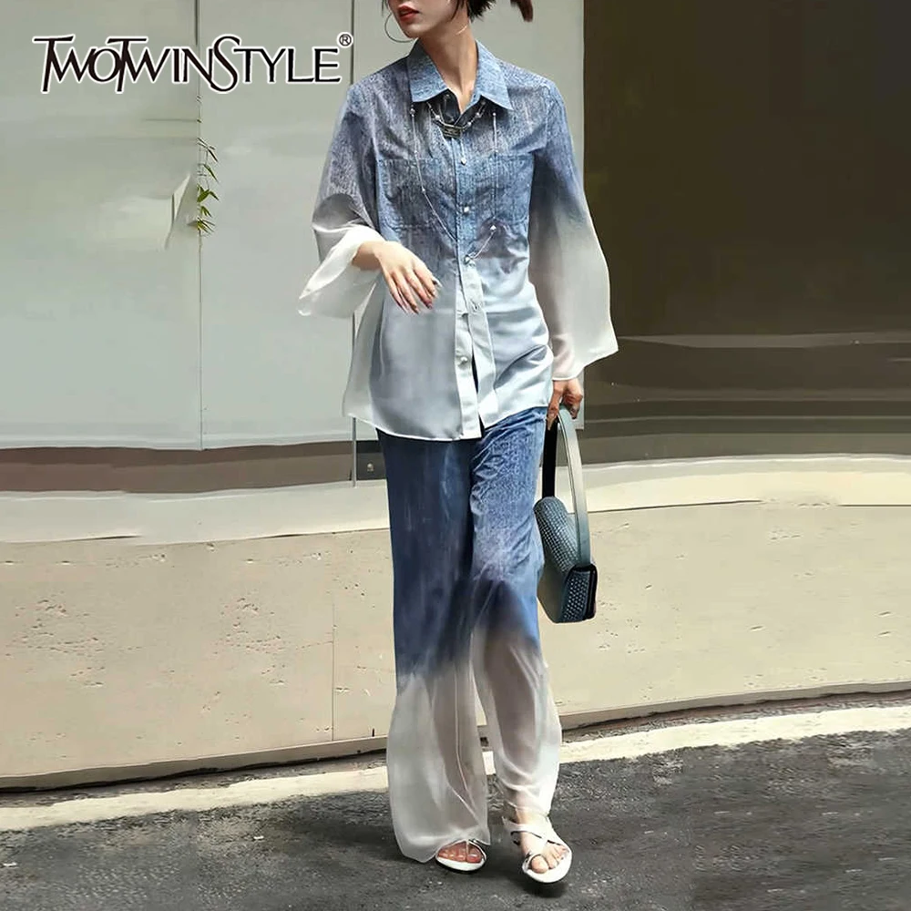 

TWOTWINSTYLE Hit Color Loose Two Piece Set for Women Lapel Long Sleeve Top High Waist Temperament Pant Sets Female New