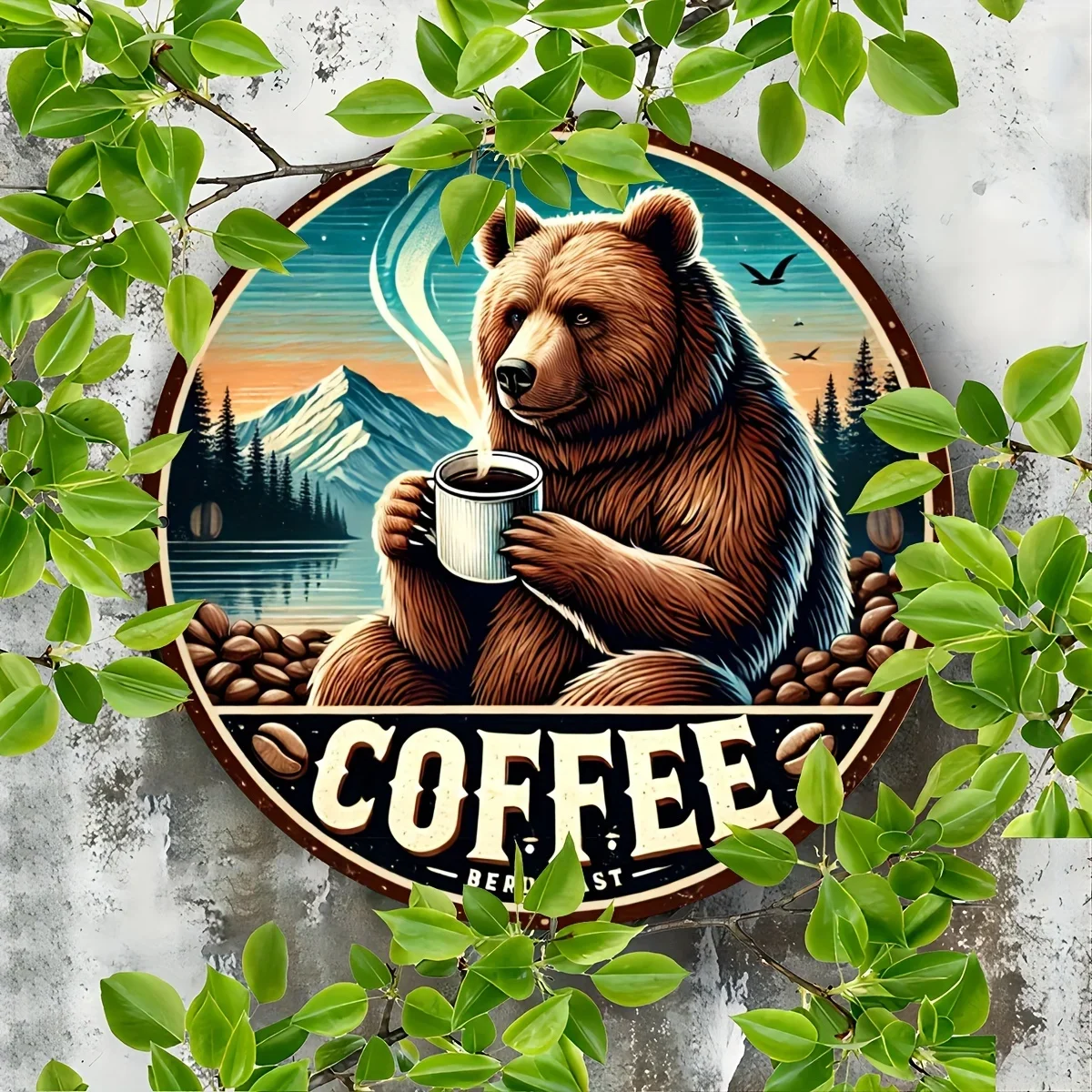 Mountain Bear Drinking Coffee Round Iron Plaque,2D Metal Tin Sign 1PC 20x20cm Retro Lodge Indoor Wall Art Decor