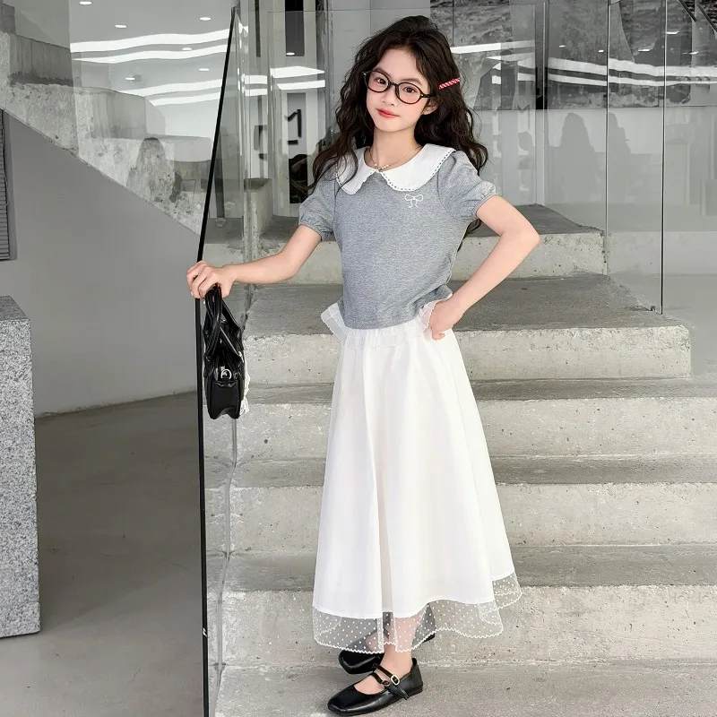 Girls Suit Summer 2026 Preppy Style Peter Pan Collar Short Sleeve Top And White Lace Skirt Two Piece Set Children's Clothing
