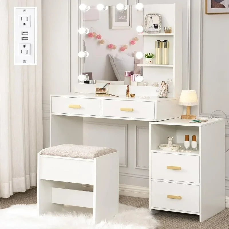 Makeup Vanity Desk with Mirror and 10 LED Lights, White Vanity with Power Outlet, Vanity with 5 Drawers & Shelves Stool