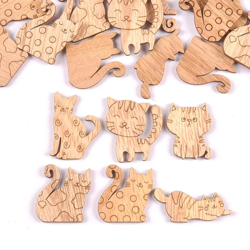 25pcs 2.5-3.5cm Cat Pattern Natural Wooden Chips Scrapbooking Carft for Home Decoration Diy Embellishments cp3423