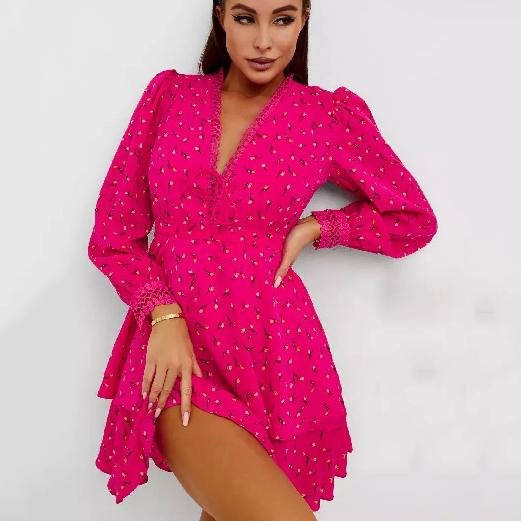 Roupas Femininas Vestido Feminino Emendado ​ ​ Vestido floral de chiffon de manga comprida de renda com decote em V cintura saia curta vestidos de festa elegantes