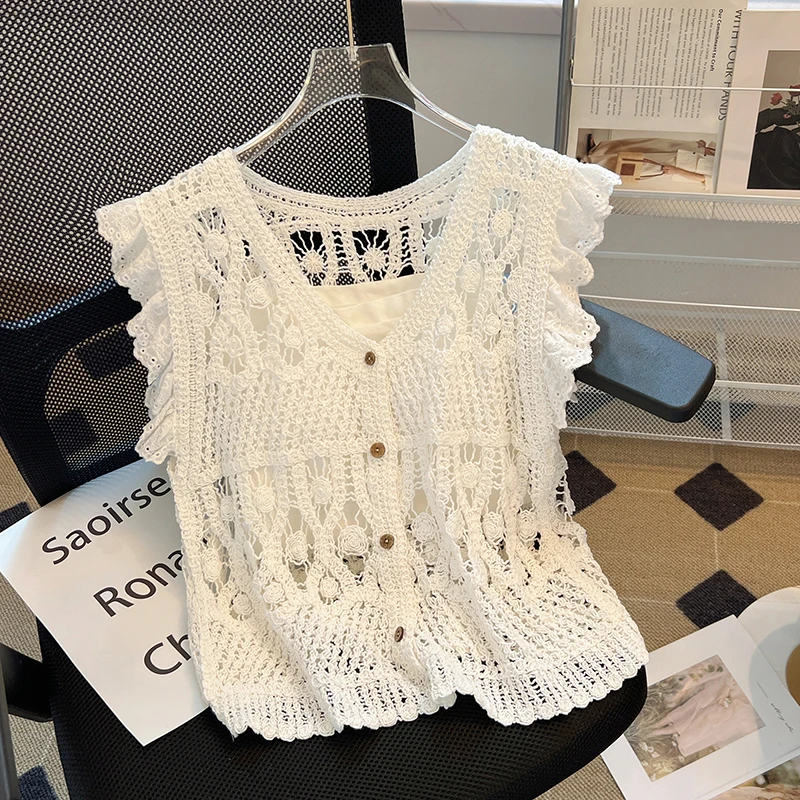 French Crochet Hollow Knit Sweater Vest +Spaghetti Strap Camisole  Women Spring Summer New Elegant Ruffled V-neck Cardigan 2pcs