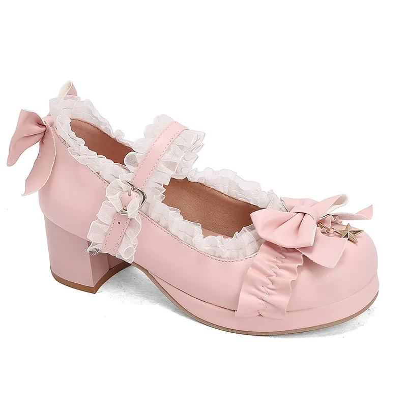 Women Sweet Bowknot Rayon Lace Platform Mary Janes Mid Chunky Heel Single Shoes Japanese Lolita Preppy Style Student Party Shoes