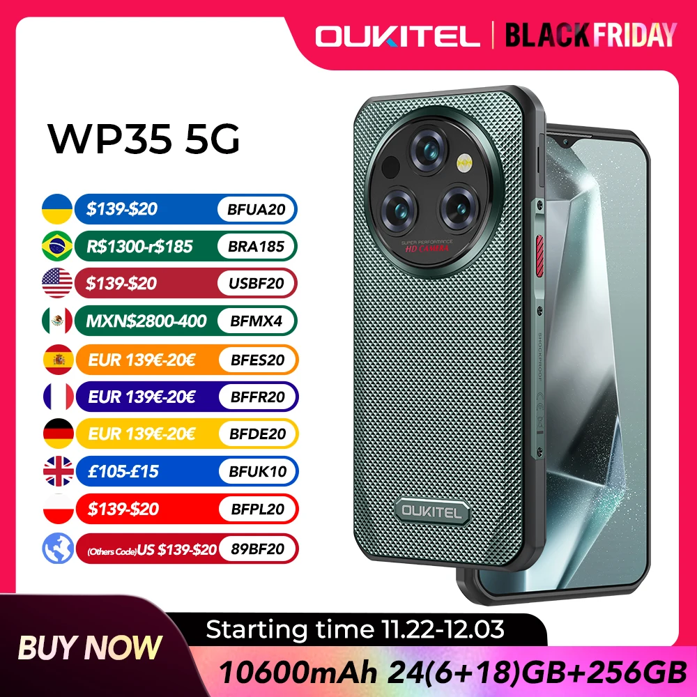 Oukitel WP35 5G 11000mAh هاتف ذكي متين أندرويد 24GB + 256GB الهاتف المحمول 64 MP NFC هاتف محمول