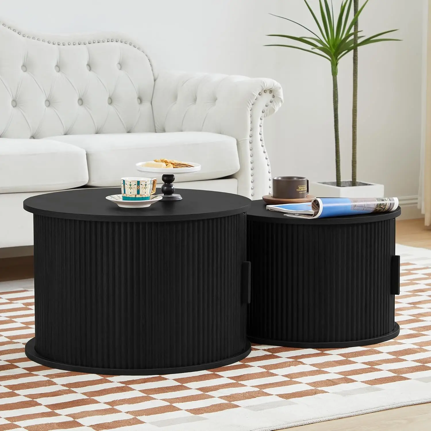 Modern Round Coffee Table Set of 2 with Storage Compartment and Sliding Door, Side End Accent Table for Living Room