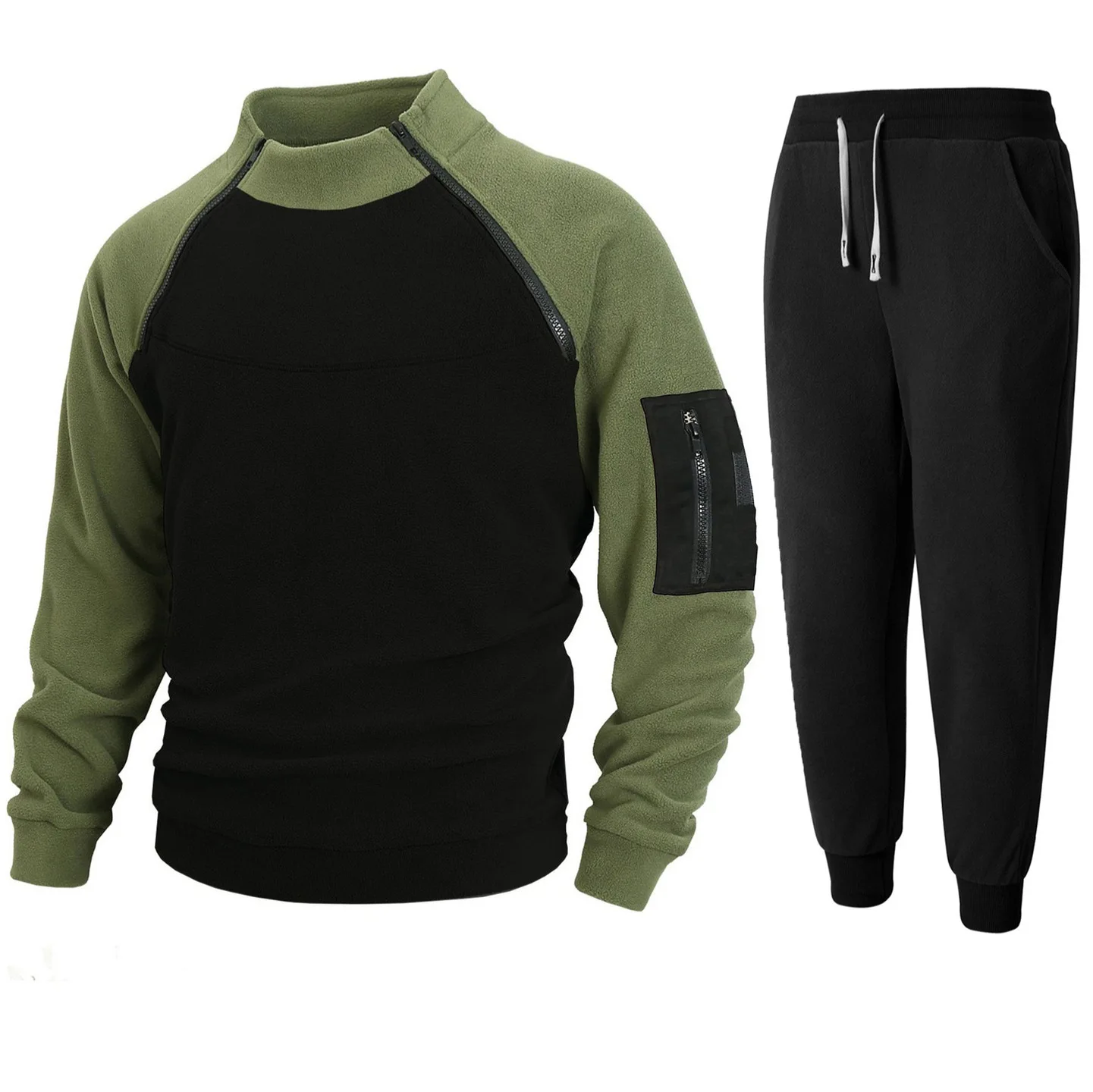 Mens Autumn Winter Sports Suit | Stand Collar Loose Fit Color Block Double Sleeve | Outdoor Warm Sweatshirt  Pants Set