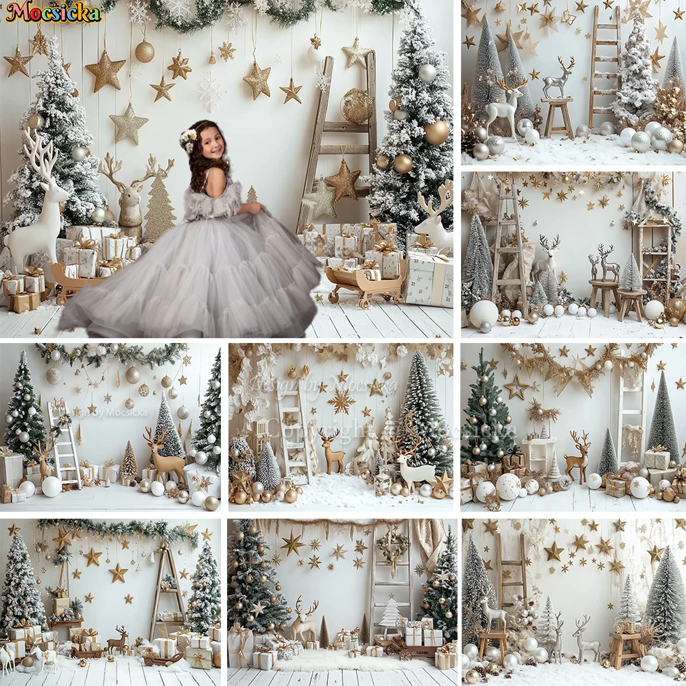 Mocsicka White Christmas Gift Room Photography Background Shiny Gold Stars Decor Xmas Tree Backdrop Winter Kids Photo Studio