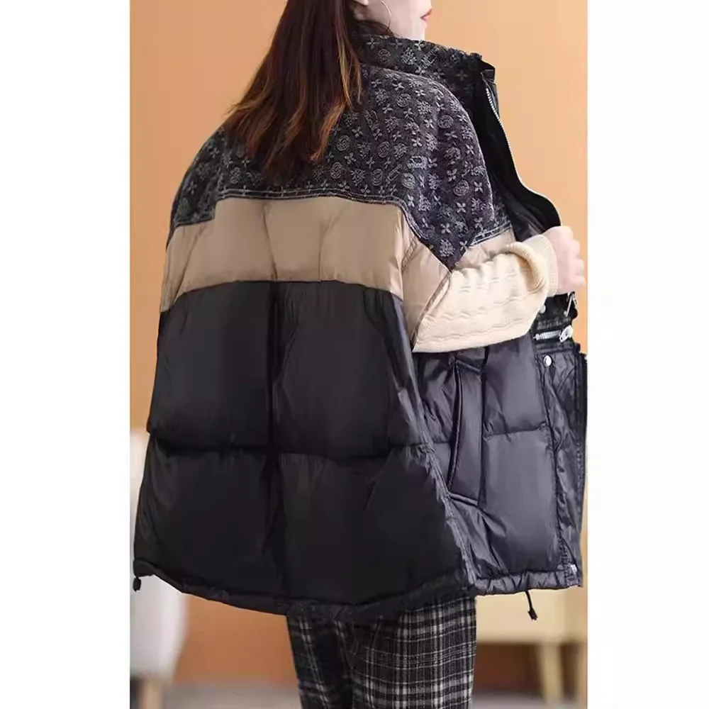 2025 Chaleco de plumón de pato blanco empalmado con cuello levantado para mujer, chaqueta cálida holgada corta a la moda