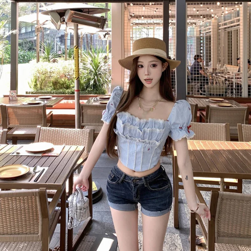 

ort Lace Trimmed Bubble Sve irt Square Collar Sweet Slimming Top Korean Sle Summer 2025 Sweet Young Looking