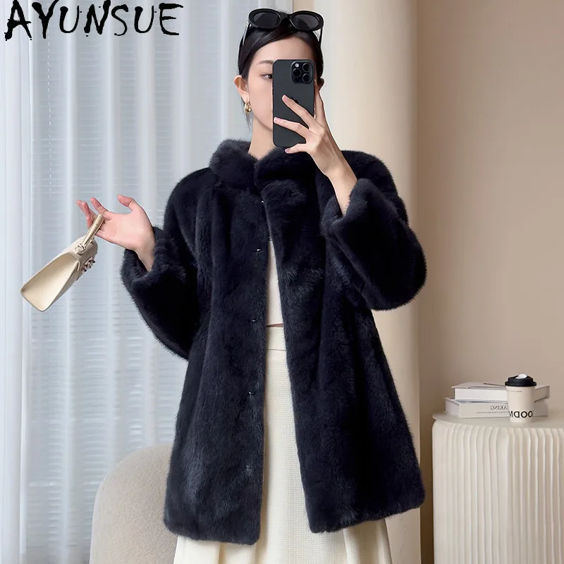 AYUNSUE Naturalny Futro z Norki Damski Stójka Średniej Długości 2025 Zimowy Prawdziwy Futro Damski Odzież Cała Norka Шуба Женская