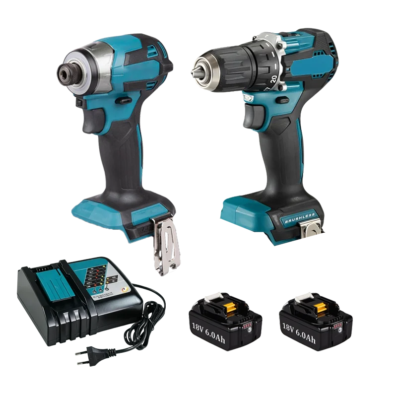 18V Brushless Combo Kit Cordless Drill Impact Driver 2 Pack 6.0Ah Batteries + Charger Complete Set