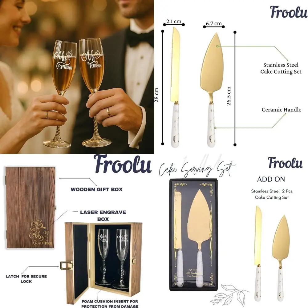 

Элегантный гравированный деревянный набор для свадебных бокалов - идеально подходит для жениха и невесты, идеальный подарок на помолвку (бокал + коробка)