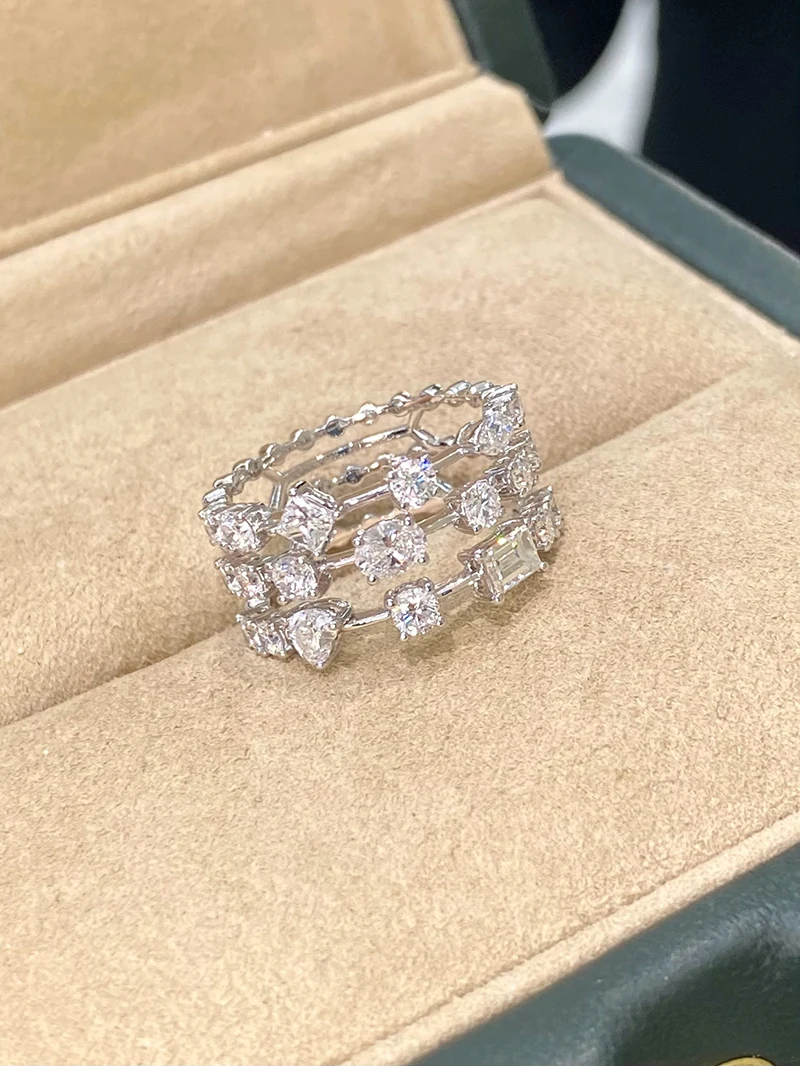 LUOWEND 100% 18K White Gold Rings Luxury Fashion Style Real Natural Diamond Cocktail Ring for Women Wedding High Party Jewelry