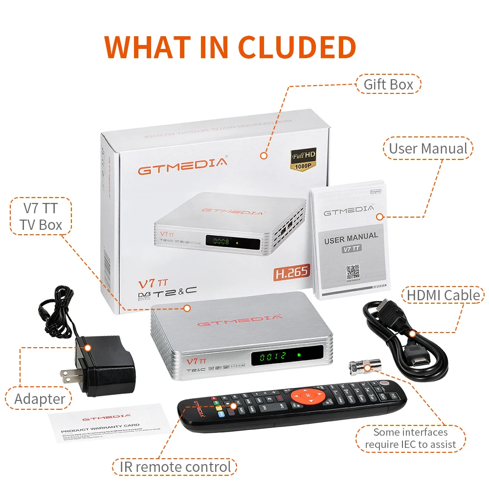 GTmedia-receptor de TV V7 TT, 1080P, FHD, DVB-T/T2/DVB-C/J. 83b, H.265, HEVC, PVR, USB, wifi, Compatible con señales DTT de España, Polonia e Italia