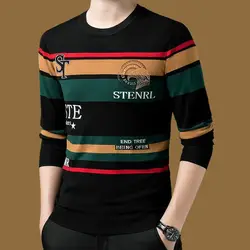 Fleece Warm Men Striped T-shirt Spring Autumn New Print Letter Fashion Male Clothes Vintage Loose Casual Knit Long Sleeve Tops