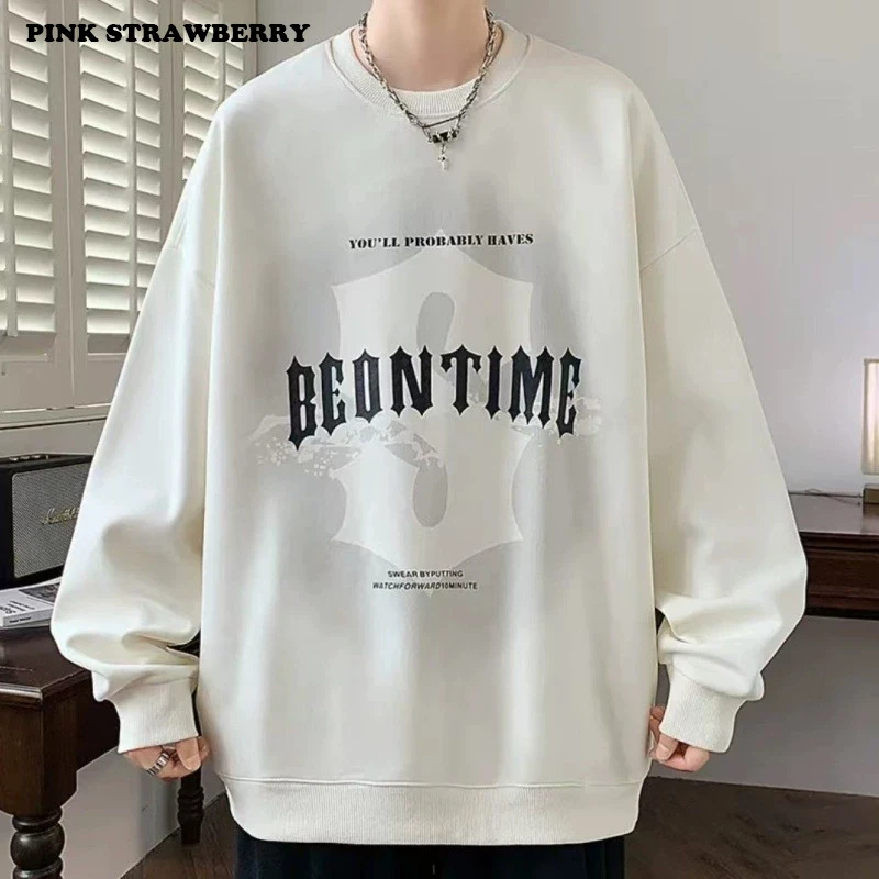 American Retro Black Plush Sweatshirt Men Autumn Winter 2025 New Oversize Loose Long sleeves Pullover Y2K Top Men Warm clothing