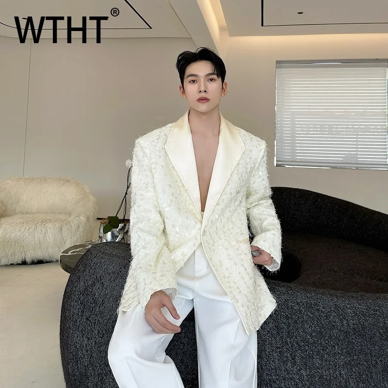 

WTHT модные мужские однотонные свободные пиджаки с блестками, модные куртки с лацканами в американском стиле, мужские куртки, осень 2021, 2A1951